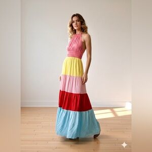 NEW Alice + Olivia Rainbow Tiered Colorful Halter Maxi Dress, sz 2. TRUE SAMPLE